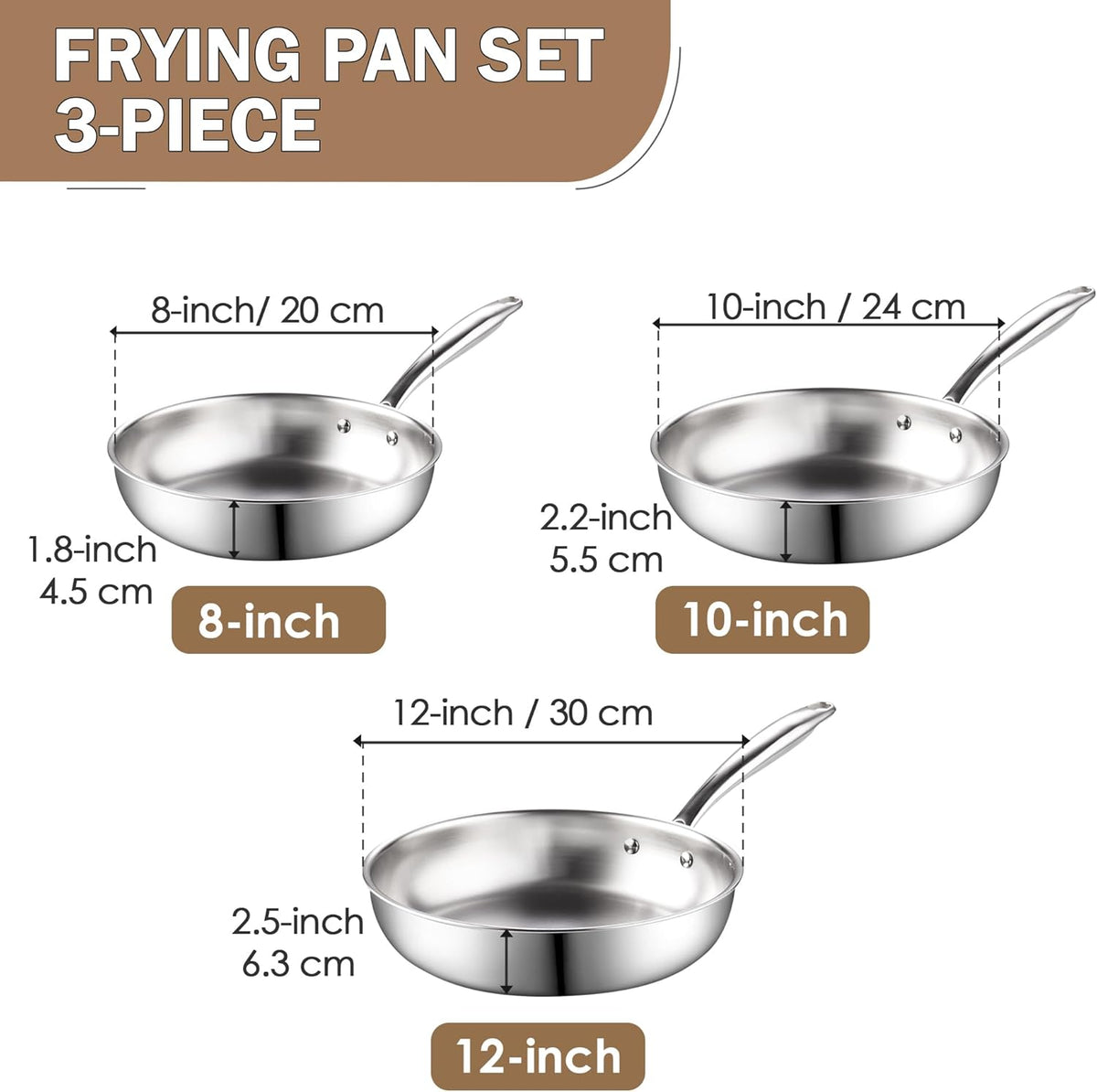 Cook N Home Tri-Ply Clad Stainless Steel Fry Pan Set, 8, 10 & 12-Inch, 3-Piece