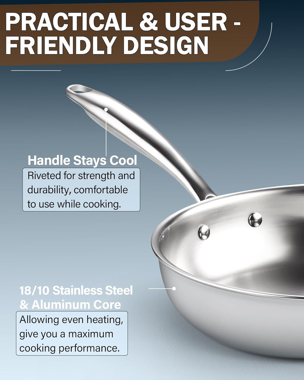 Cook N Home Tri-Ply Clad Stainless Steel Fry Pan Set, 8, 10 & 12-Inch, 3-Piece