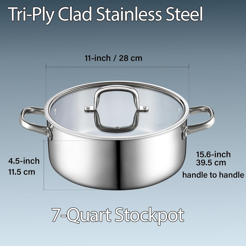 Cook N Home 7-Quart Tri-Ply Clad Stainless Steel Stockpot with Glass Lid