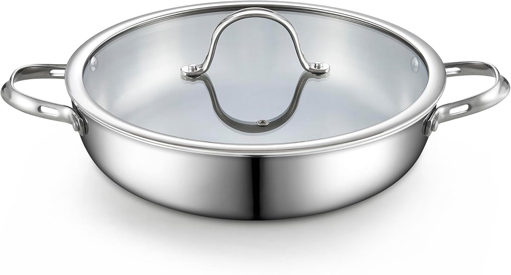 Cooks Standard Tri-Ply Clad Stainless Steel Wok Stir Fry Pan with Glass Lid, 12-inch large Stainless Steel Deep Frying Pan, Everyday Chef's Pan Flat Bottom Wok Induction Cookware