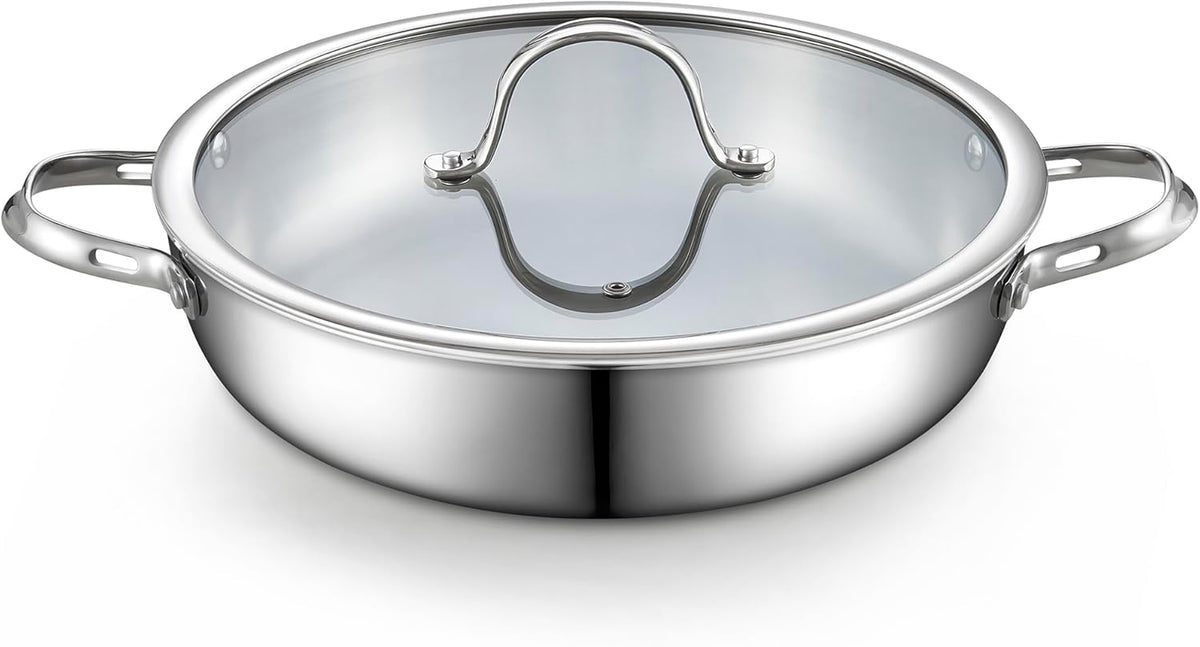 Cooks Standard Tri-Ply Clad Stainless Steel Wok Stir Fry Pan with Glass Lid, 12-inch large Stainless Steel Deep Frying Pan, Everyday Chef's Pan Flat Bottom Wok Induction Cookware
