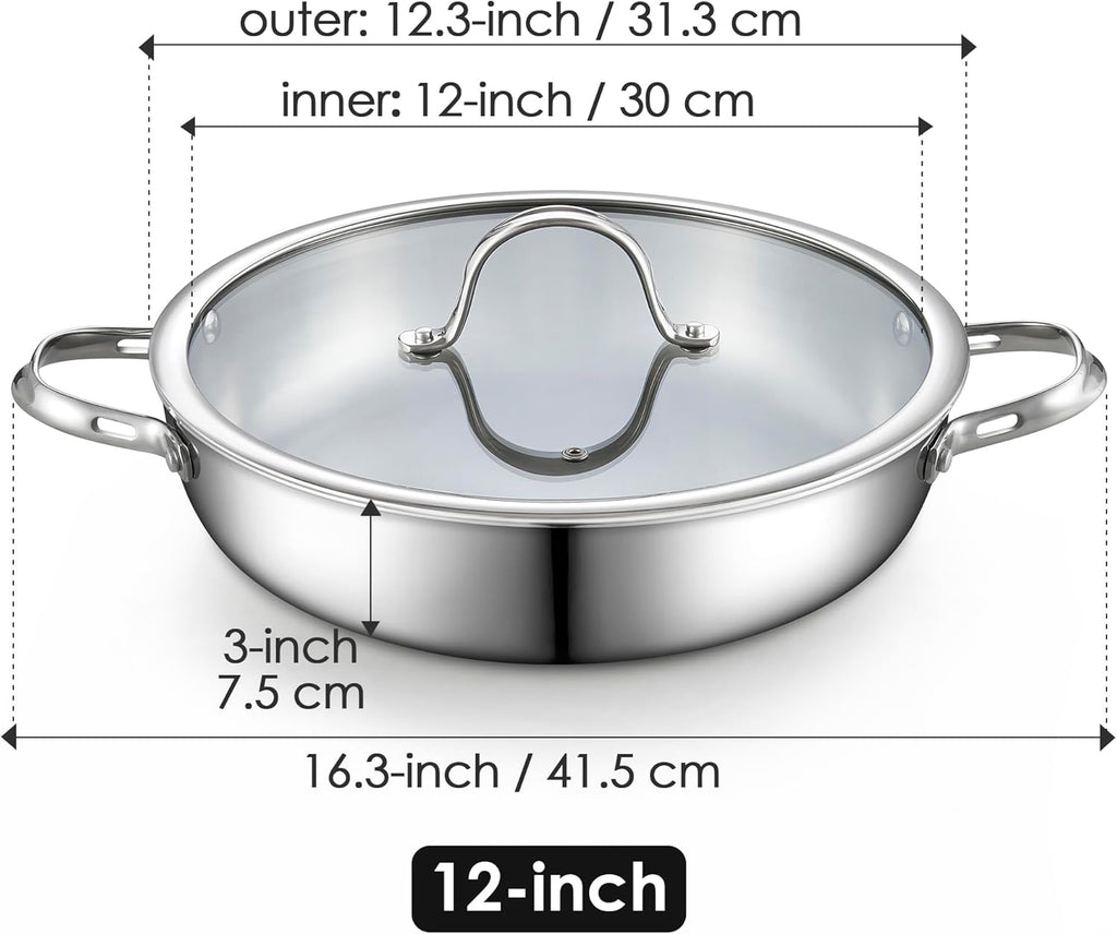 Cooks Standard Tri-Ply Clad Stainless Steel Wok Stir Fry Pan with Glass Lid, 12-inch large Stainless Steel Deep Frying Pan, Everyday Chef's Pan Flat Bottom Wok Induction Cookware