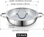 Cooks Standard Tri-Ply Clad Stainless Steel Wok Stir Fry Pan with Glass Lid, 12-inch large Stainless Steel Deep Frying Pan, Everyday Chef's Pan Flat Bottom Wok Induction Cookware