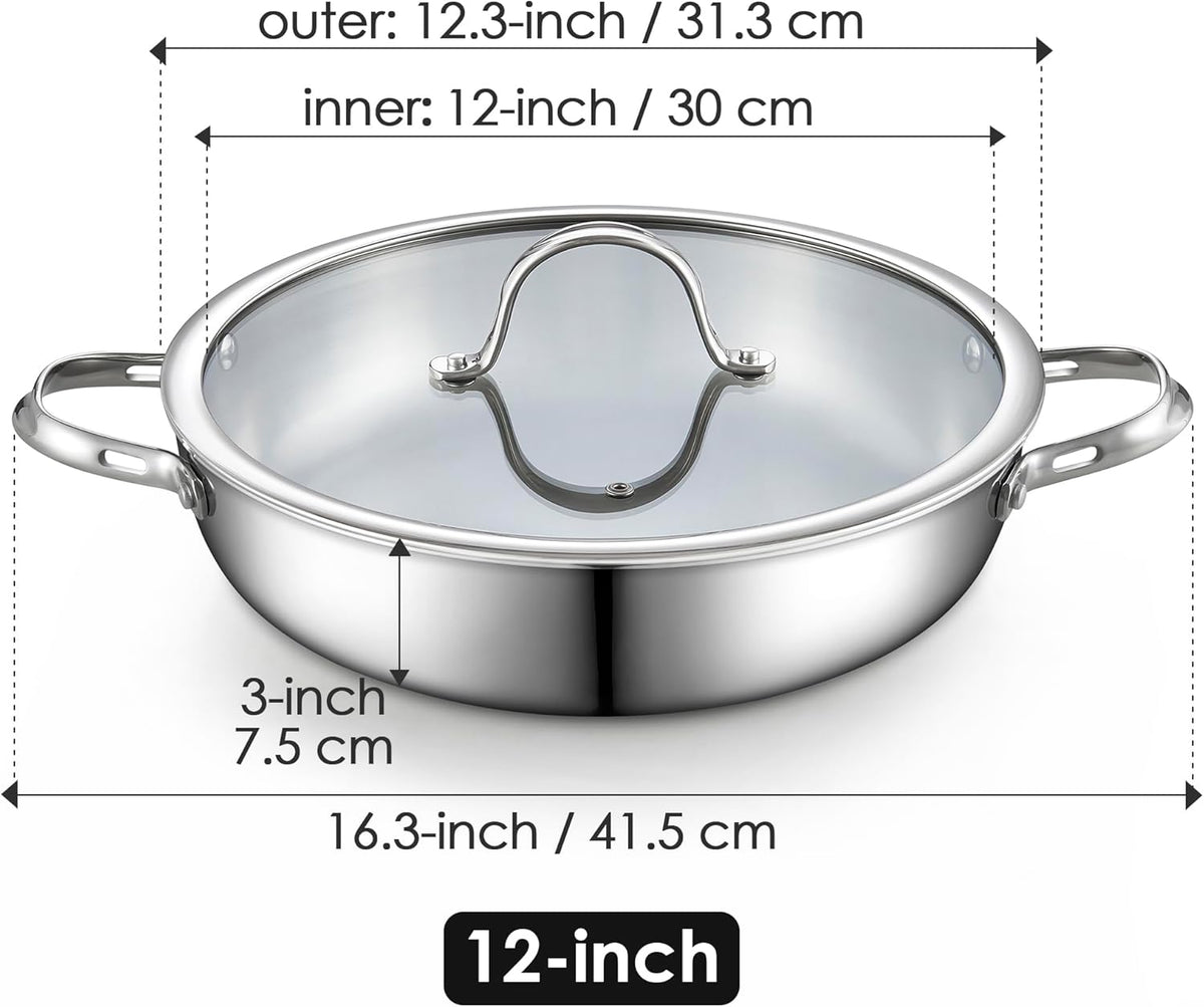 Cooks Standard Tri-Ply Clad Stainless Steel Wok Stir Fry Pan with Glass Lid, 12-inch large Stainless Steel Deep Frying Pan, Everyday Chef's Pan Flat Bottom Wok Induction Cookware