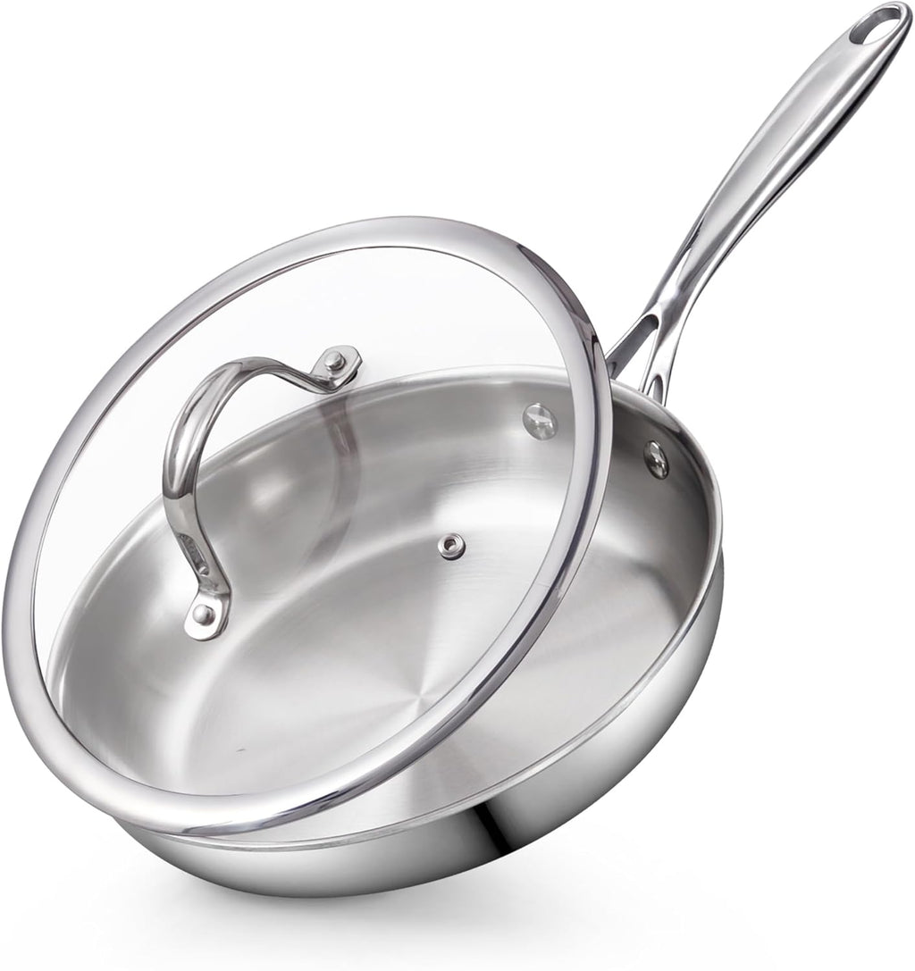 Cooks Standard Stainless Steel Frying Pan with Lid, 10-Inch Multi-Ply Clad Wok Stir Fry Pan, Kitchen Skillet, Silver