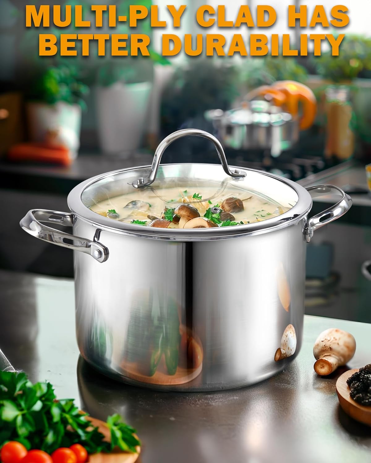 Cooks Standard 8-Quart Tri-Ply Clad Stainless Steel Stockpot with Glass Lid
