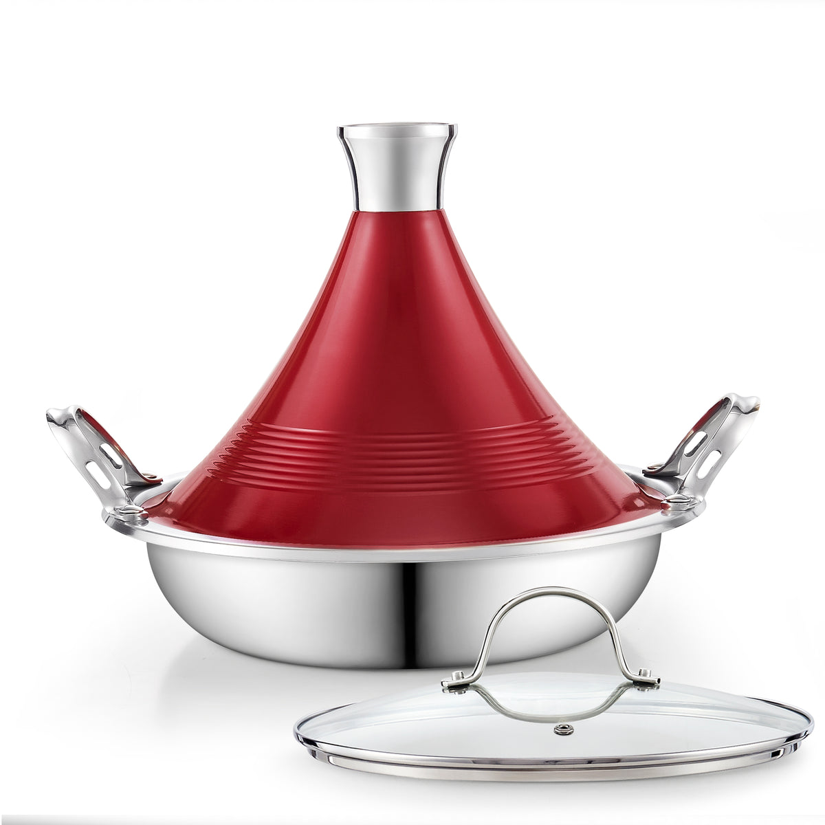 Cooks Standard Moroccan Tagine Pot, 3.6 Qt Multi-Ply Clad Stainless Steel Pan with Dual Handles, Clay Pot Alternative for Slow Cooking, Cone-Shaped Die-Cast Aluminum Lid & Extra Glass Lid, White