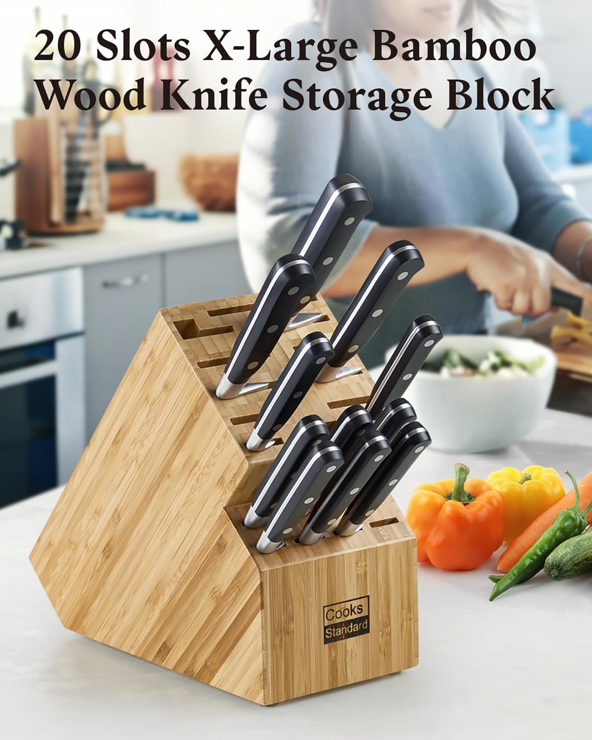 Cooks Standard Bamboo Knife Storage Block, 20 Slot Universal Knife Holder
