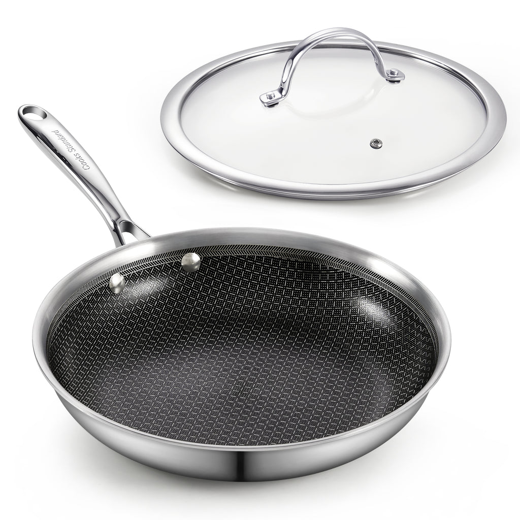 Cooks Standard Hybrid Nonstick Frying Pan, 10-Inch Skillet, Multi-Ply Clad Stainless Steel Fry Pan with Tempered Glass Lids, Oven Safe, Compatible with All Stovetops