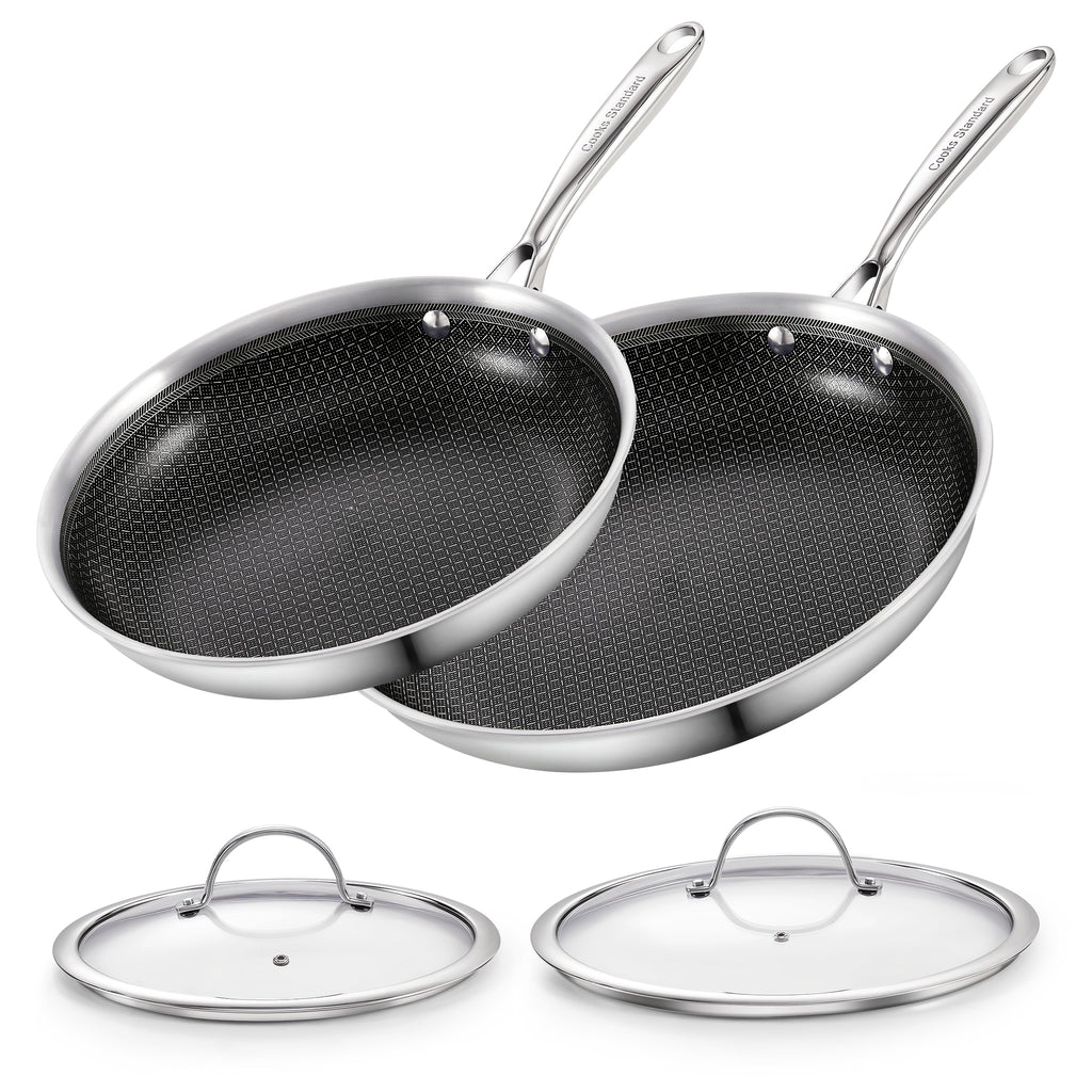 Cooks Standard Hybrid Nonstick Frying Pan Set, 10 and 12-Inch Multi-Ply Clad Stainless Steel 2 Piece Skillet with Tempered Glass Lids, Oven Safe, Compatible with All Stovetops