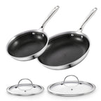 Cooks Standard Hybrid Nonstick Frying Pan Set, 8 and 10-Inch Multi-Ply Clad Stainless Steel 2 Piece Skillet with Tempered Glass Lids, Oven Safe, Compatible with All Stovetops