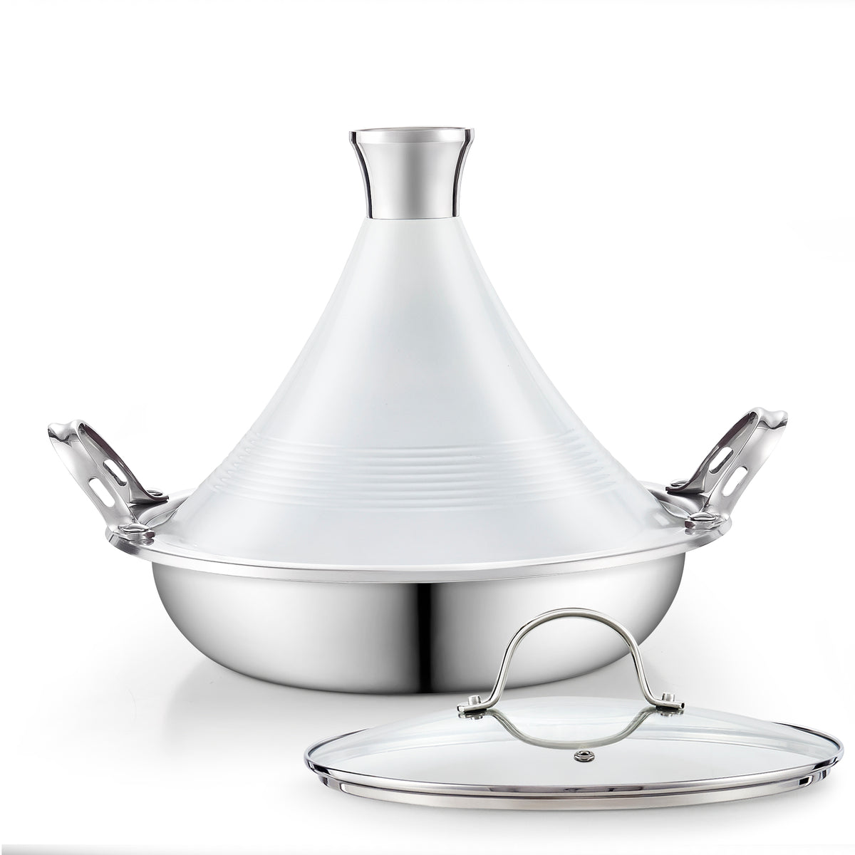 Cooks Standard Moroccan Tagine Pot, 3.6 Qt Multi-Ply Clad Stainless Steel Pan with Dual Handles, Clay Pot Alternative for Slow Cooking, Cone-Shaped Die-Cast Aluminum Lid & Extra Glass Lid, Red