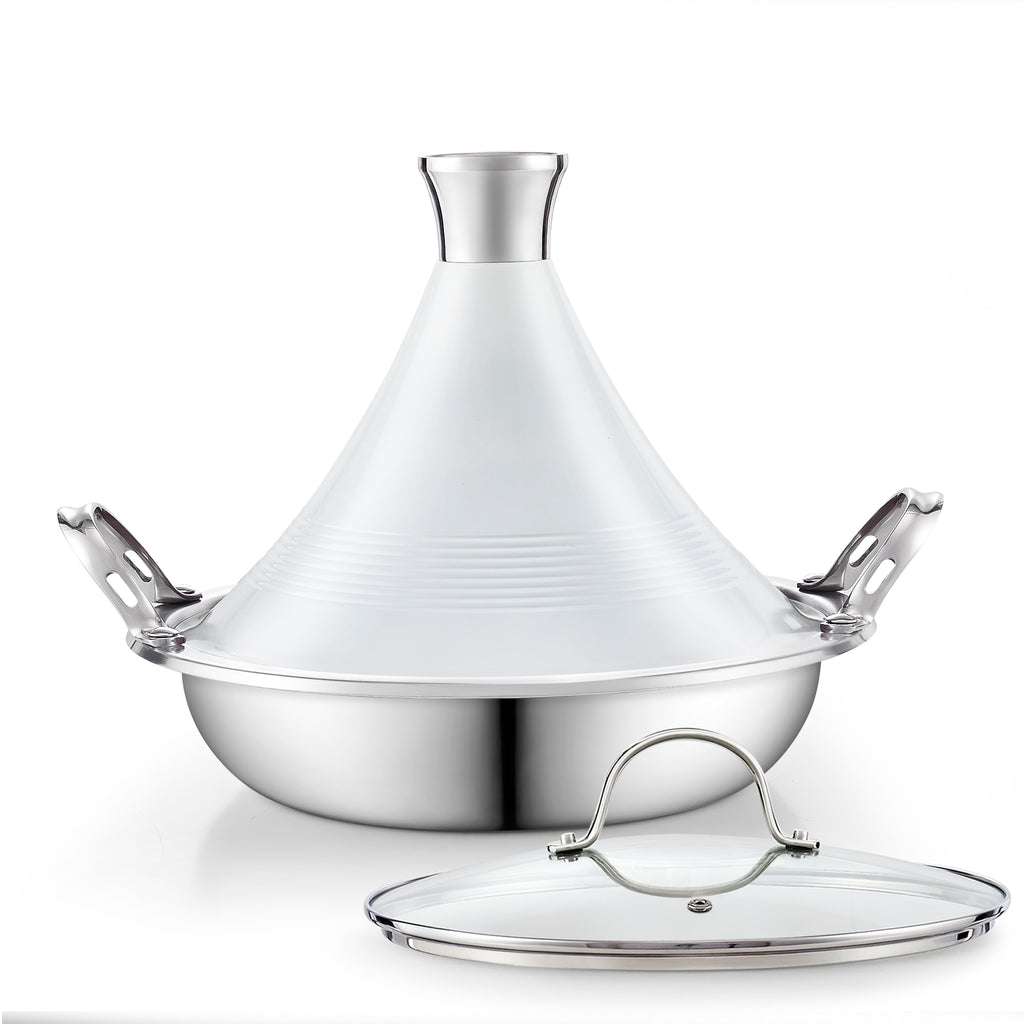 Cooks Standard Moroccan Tagine Pot, 3.6 Qt Multi-Ply Clad Stainless Steel Pan with Dual Handles, Clay Pot Alternative for Slow Cooking, Cone-Shaped Die-Cast Aluminum Lid & Extra Glass Lid, White