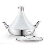 Cooks Standard Moroccan Tagine Pot, 3.6 Qt Multi-Ply Clad Stainless Steel Pan with Dual Handles, Clay Pot Alternative for Slow Cooking, Cone-Shaped Die-Cast Aluminum Lid & Extra Glass Lid, White