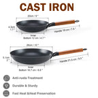 DM Cast Iron Skillet, 2 Piece Nonstick Frying Pan Set, 8 and 10 Inch with Detachable Acacia Wooden Handle, Honeycomb Non stick Omelet Egg Pan, Easy Clean Oven Safe Pans for Cooking