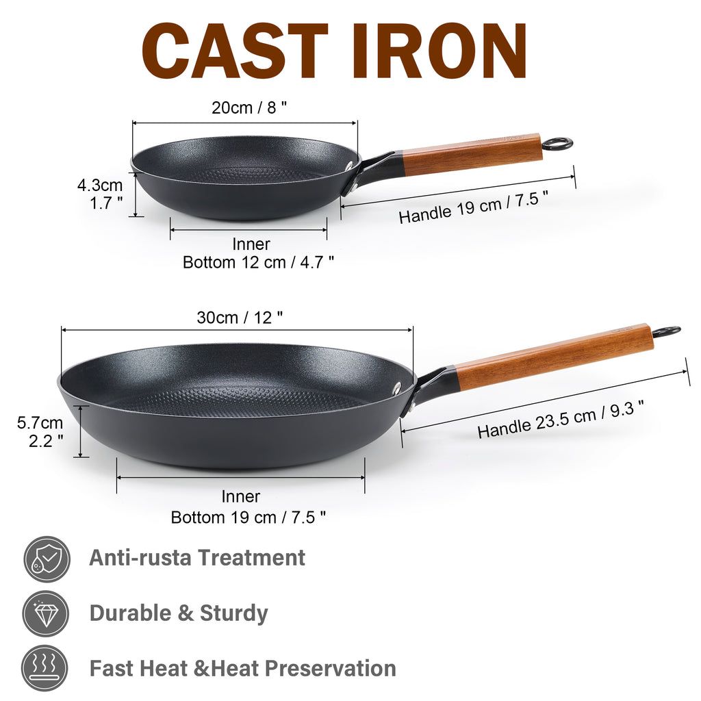 DM Cast Iron Skillet, 2 Piece Nonstick Frying Pan Set, 8 and 12 Inch with Detachable Acacia Wooden Handle, Honeycomb Non stick Omelet Egg Pan, Easy Clean Oven Safe Pans for Cooking
