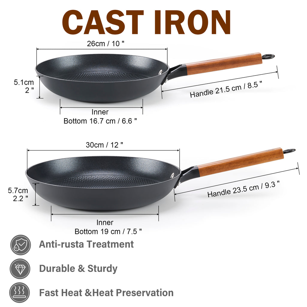 DM Cast Iron Skillet, 2 Piece Nonstick Frying Pan Set, 10 and 12 Inch with Detachable Acacia Wooden Handle, Honeycomb Non stick Omelet Egg Pan, Easy Clean Oven Safe Pans for Cooking