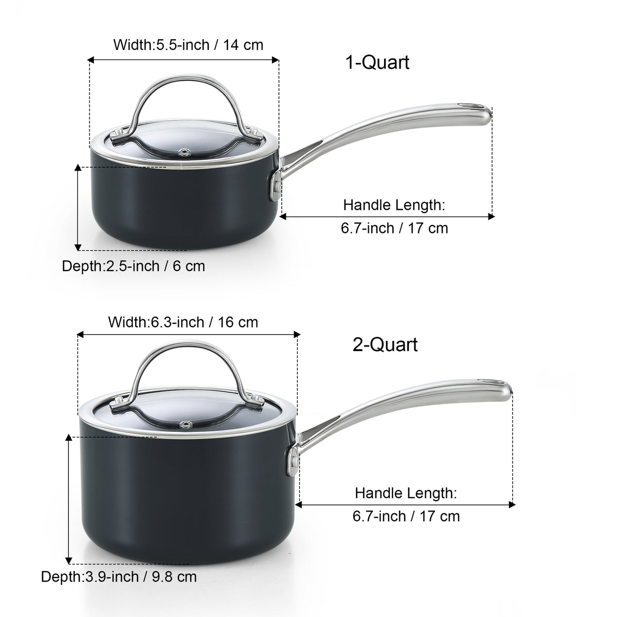 Cooks Standard Nonstick Sauce Pan Set, 1Qt & 2Qt Hard Anodized Saucepans with Lid Cooking Pots, Oven Safe, Easy to Clean, Black