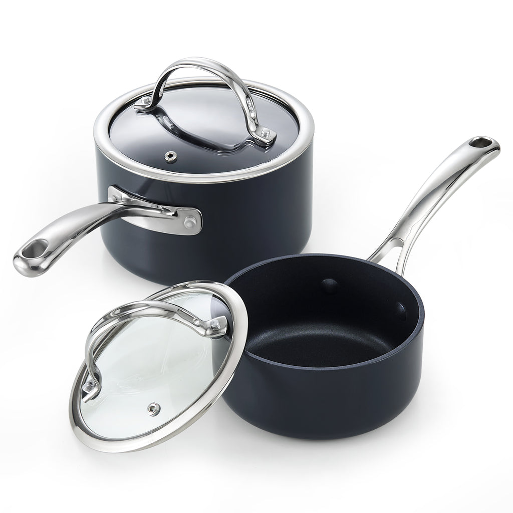 Cooks Standard Nonstick Sauce Pan Set, 1Qt & 2Qt Hard Anodized Saucepans with Lid Cooking Pots, Oven Safe, Easy to Clean, Black