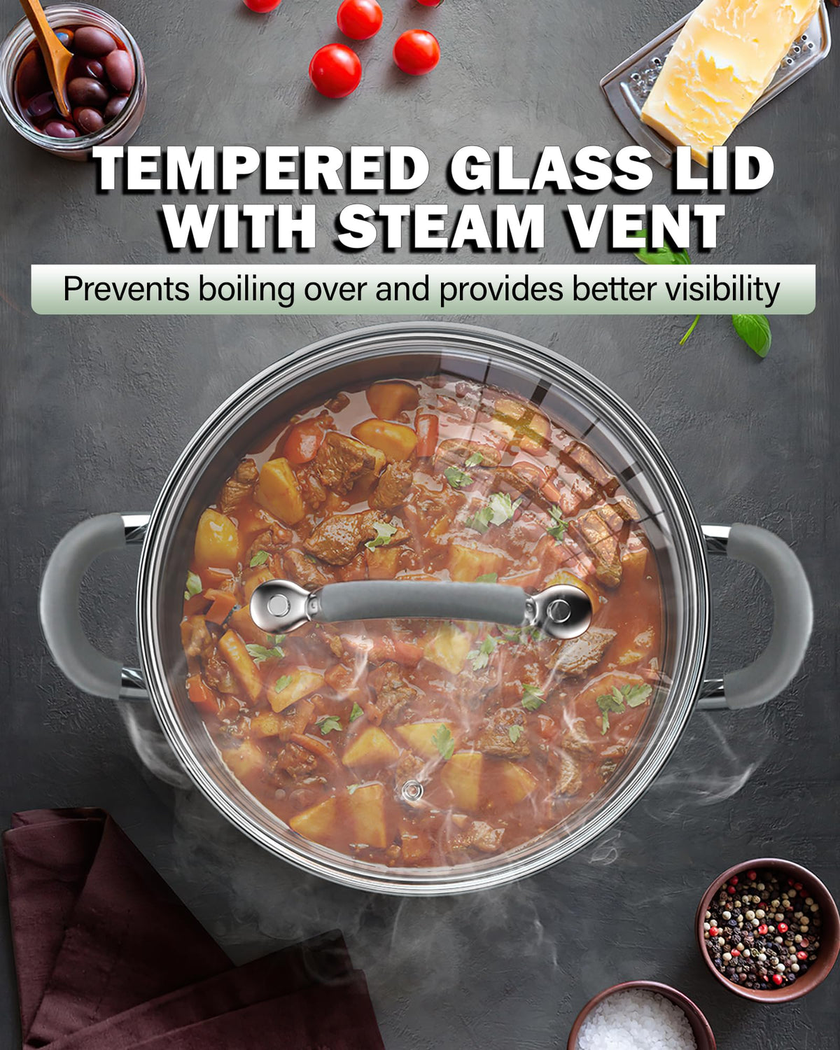 Cook N Home Large Stock Pot with Lid, 16-Quart Basic Stainless Steel Cooking Gumbo Soup Pot, Stay-Cool Silicone Handles