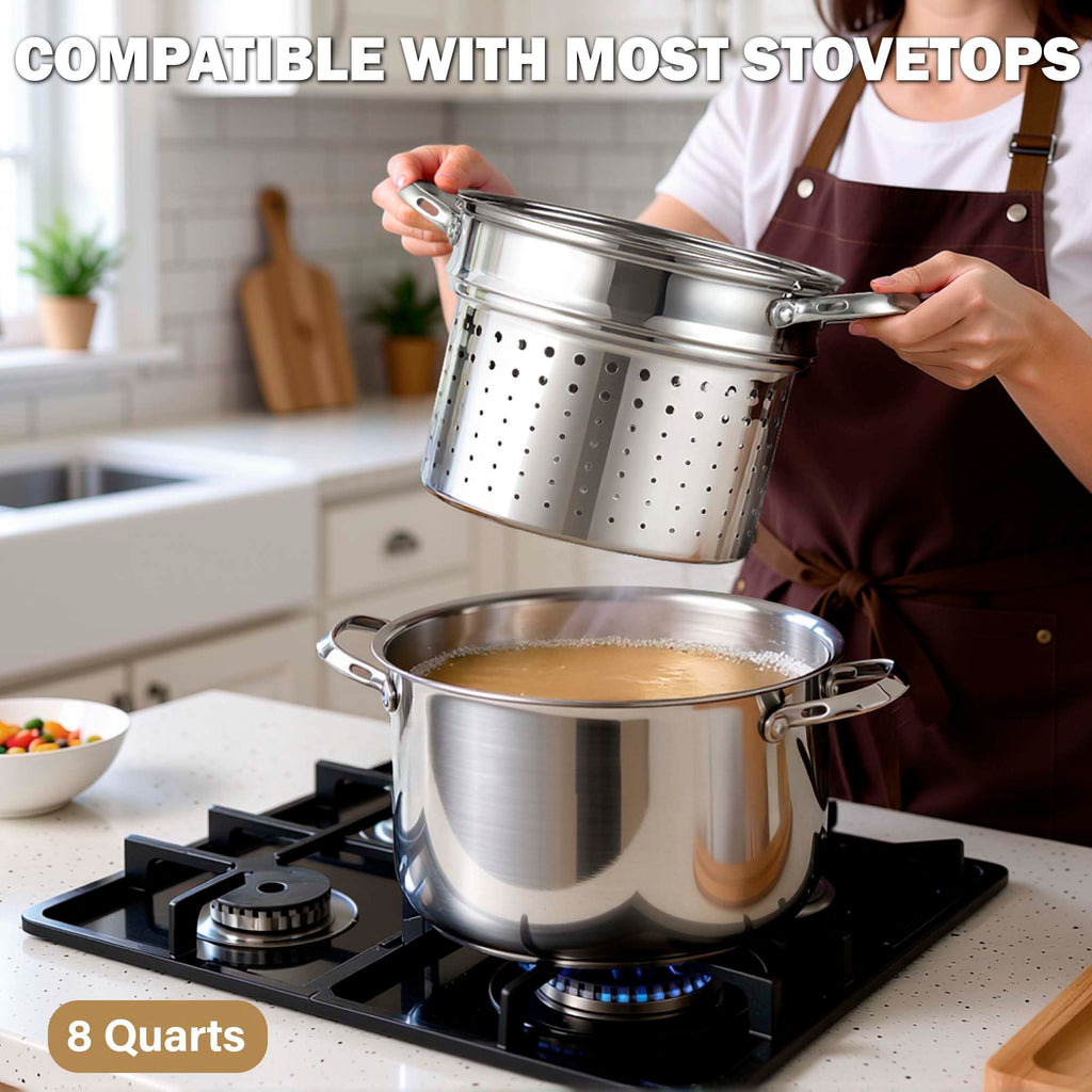 Cooks Standard Pasta Pot with Strainer Basket, 18/10 Stainless Steel 8 Quarts Stock Pot Spaghetti Cooker Tamale Crab Steamer Multipots with Glass Lid, 4-Piece Set