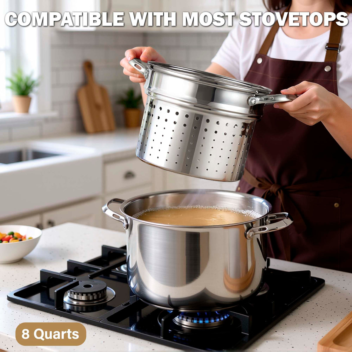 Cooks Standard Pasta Pot with Strainer Basket, 18/10 Stainless Steel 8 Quarts Stock Pot Spaghetti Cooker Tamale Crab Steamer Multipots with Glass Lid, 4-Piece Set