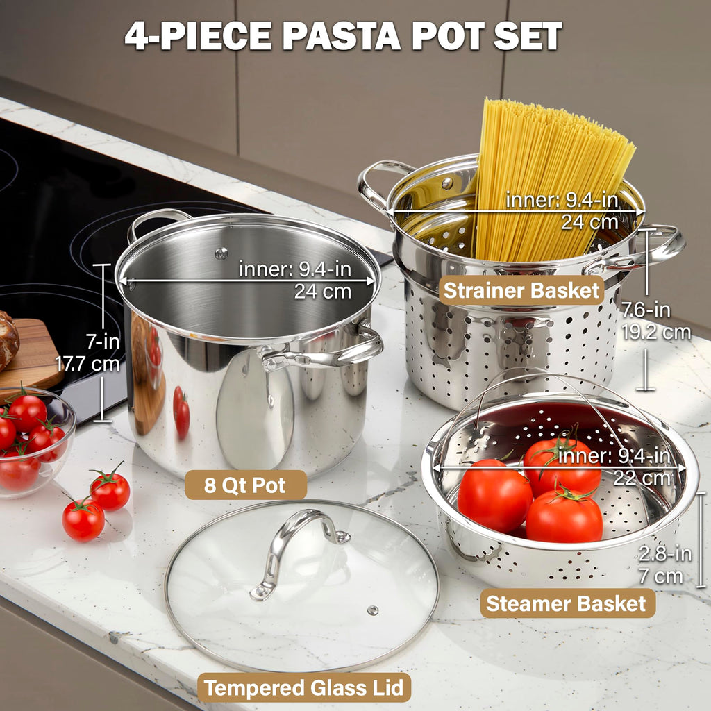 Cooks Standard Pasta Pot with Strainer Basket, 18/10 Stainless Steel 8 Quarts Stock Pot Spaghetti Cooker Tamale Crab Steamer Multipots with Glass Lid, 4-Piece Set