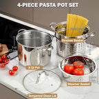 Cooks Standard Pasta Pot with Strainer Basket, 18/10 Stainless Steel 8 Quarts Stock Pot Spaghetti Cooker Tamale Crab Steamer Multipots with Glass Lid, 4-Piece Set