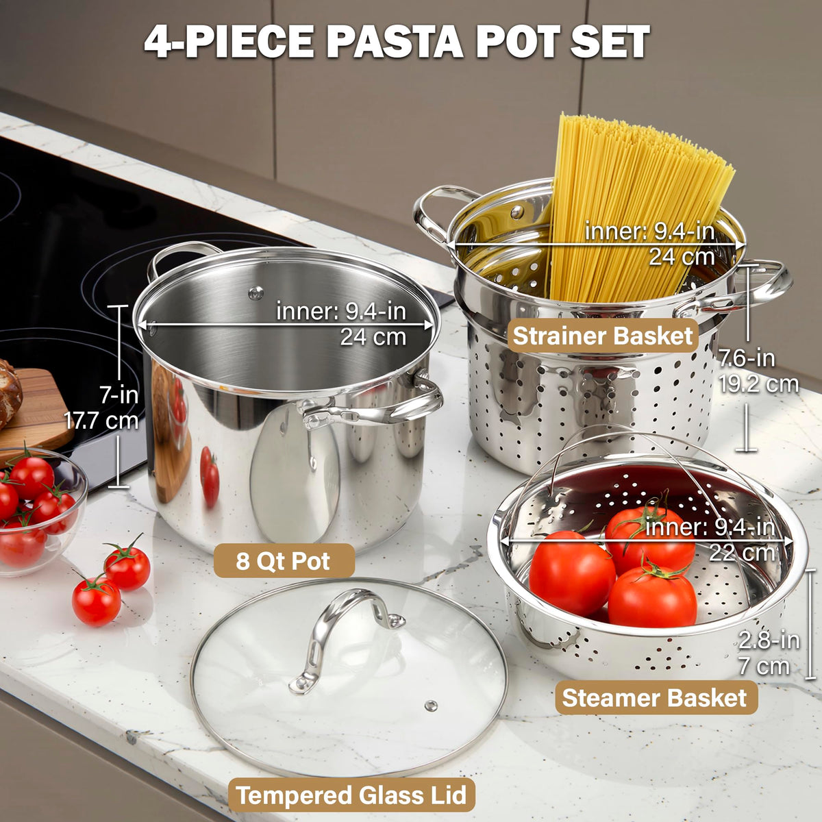 Cooks Standard Pasta Pot with Strainer Basket, 18/10 Stainless Steel 8 Quarts Stock Pot Spaghetti Cooker Tamale Crab Steamer Multipots with Glass Lid, 4-Piece Set