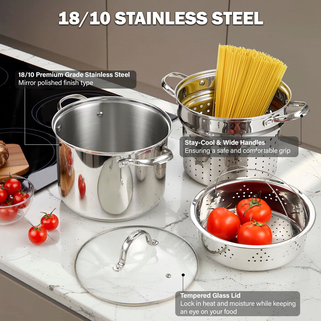 Cooks Standard Pasta Pot with Strainer Basket, 18/10 Stainless Steel 8 Quarts Stock Pot Spaghetti Cooker Tamale Crab Steamer Multipots with Glass Lid, 4-Piece Set