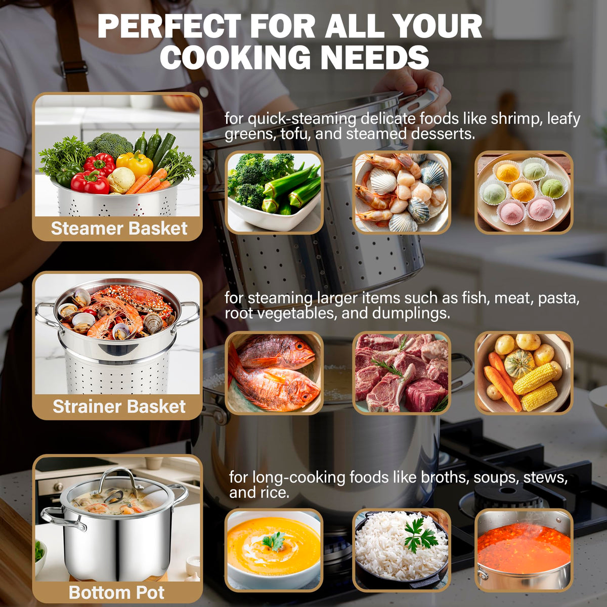 Cooks Standard Pasta Pot with Strainer Basket, 18/10 Stainless Steel 8 Quarts Stock Pot Spaghetti Cooker Tamale Crab Steamer Multipots with Glass Lid, 4-Piece Set