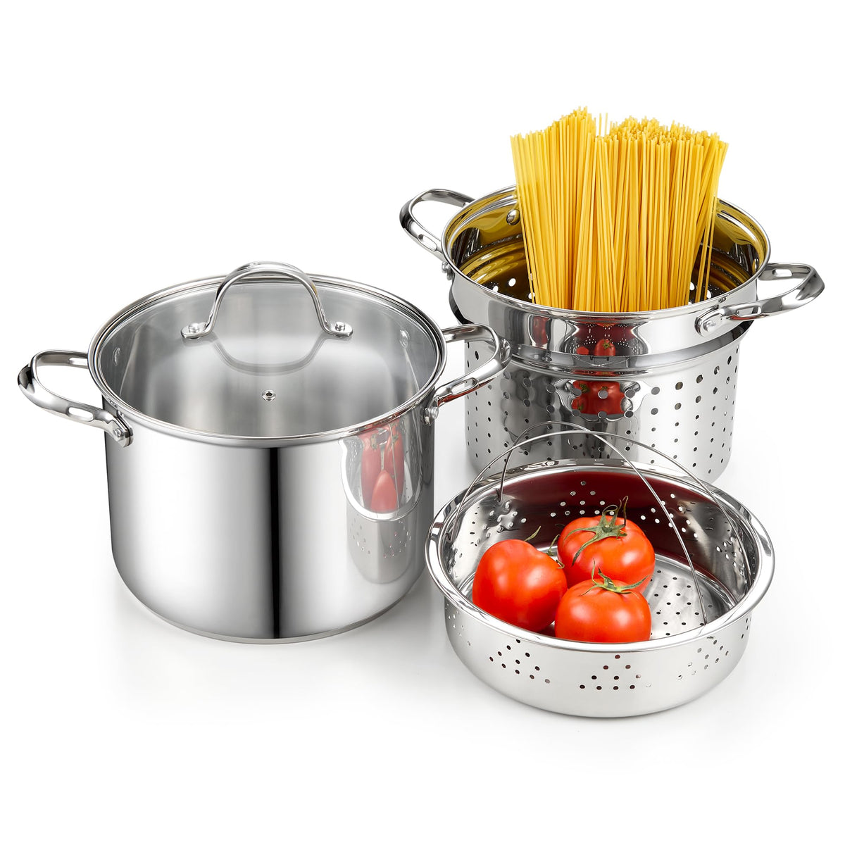 Cooks Standard Pasta Pot with Strainer Basket, 18/10 Stainless Steel 8 Quarts Stock Pot Spaghetti Cooker Tamale Crab Steamer Multipots with Glass Lid, 4-Piece Set
