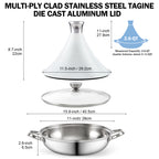 D&M Tagine Pot, 11 Inch 3.6 Quart Moroccan Clay Tagine Pot Alternative, Multi-Ply Clad Stainless Steel, Traditional Cooking Pot with Die-Cast Aluminum White Conical Lid and Stainless Steel Knob