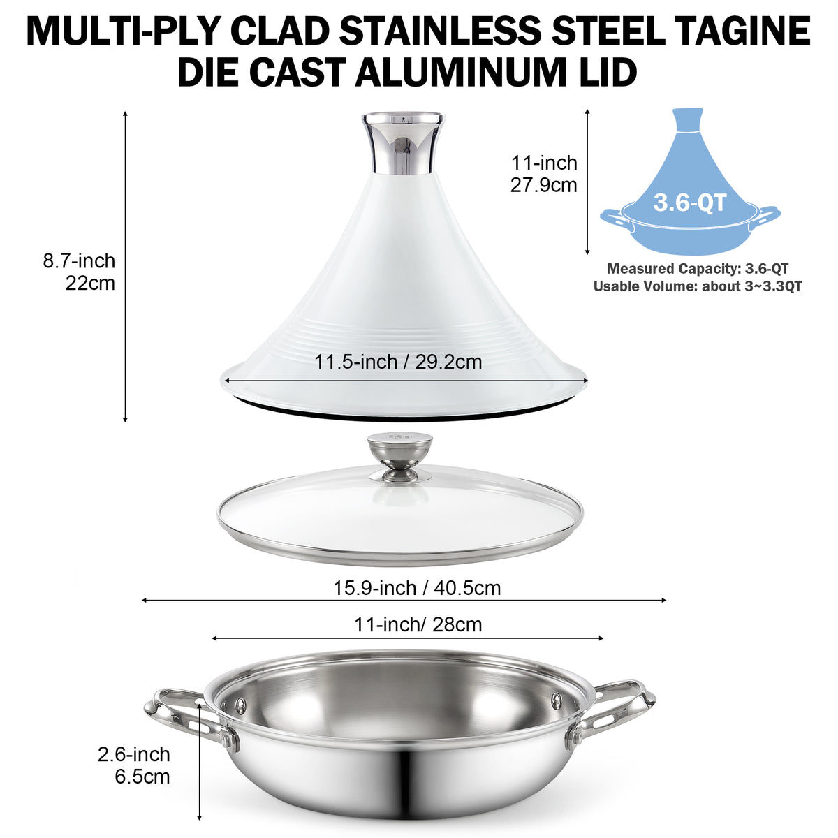D&M Tagine Pot, 11 Inch 3.6 Quart Moroccan Clay Tagine Pot Alternative, Multi-Ply Clad Stainless Steel, Traditional Cooking Pot with Die-Cast Aluminum White Conical Lid and Stainless Steel Knob