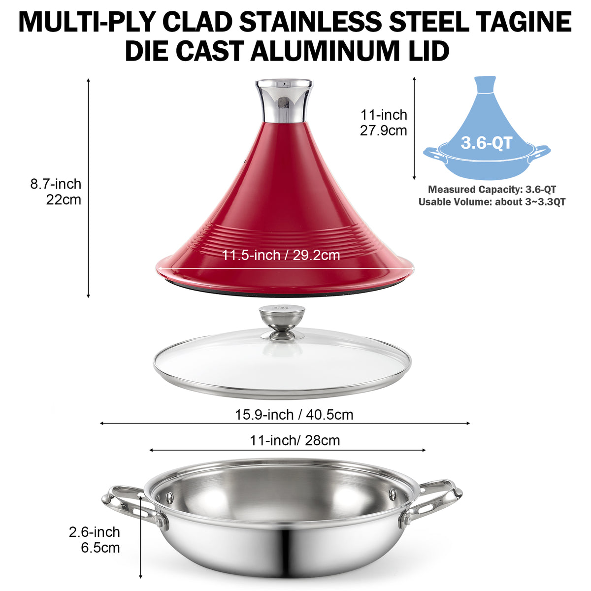 D&M Tagine Pot, 11 Inch 3.6 Quart Moroccan Clay Tagine Pot Alternative, Multi-Ply Clad Stainless Steel, Traditional Cooking Pot with Die-Cast Aluminum Red Conical Lid and Stainless Steel Knob