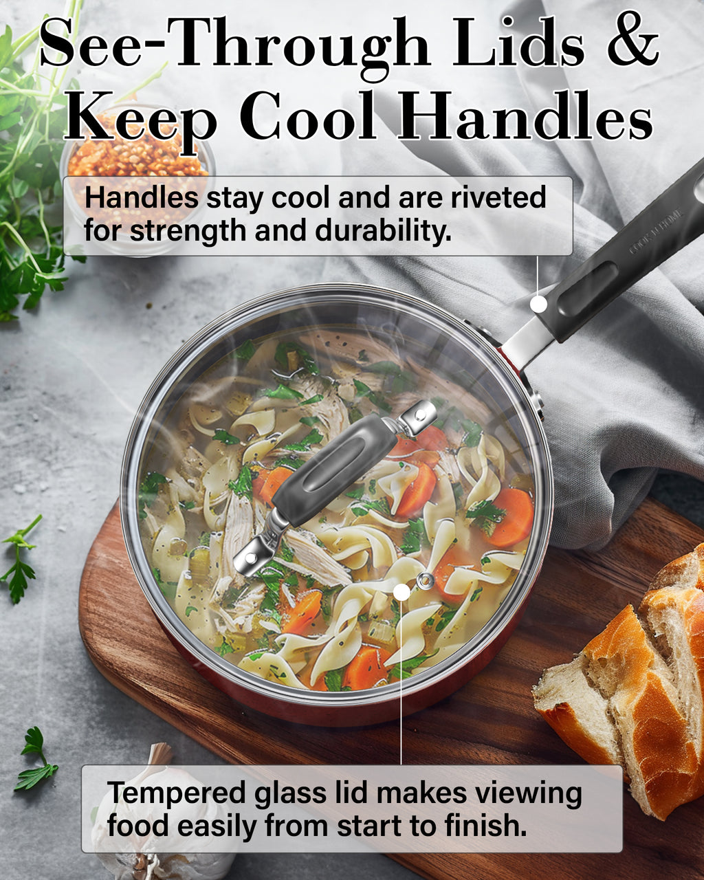 Cook N Home 12-Piece Nonstick Cookware Set, Pots and Pans, Induction Compatible, Marble Red