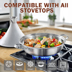 D&M Tagine Pot, 11 Inch 3.6 Quart Moroccan Clay Tagine Pot Alternative, Multi-Ply Clad Stainless Steel, Traditional Cooking Pot with Die-Cast Aluminum White Conical Lid and Stainless Steel Knob