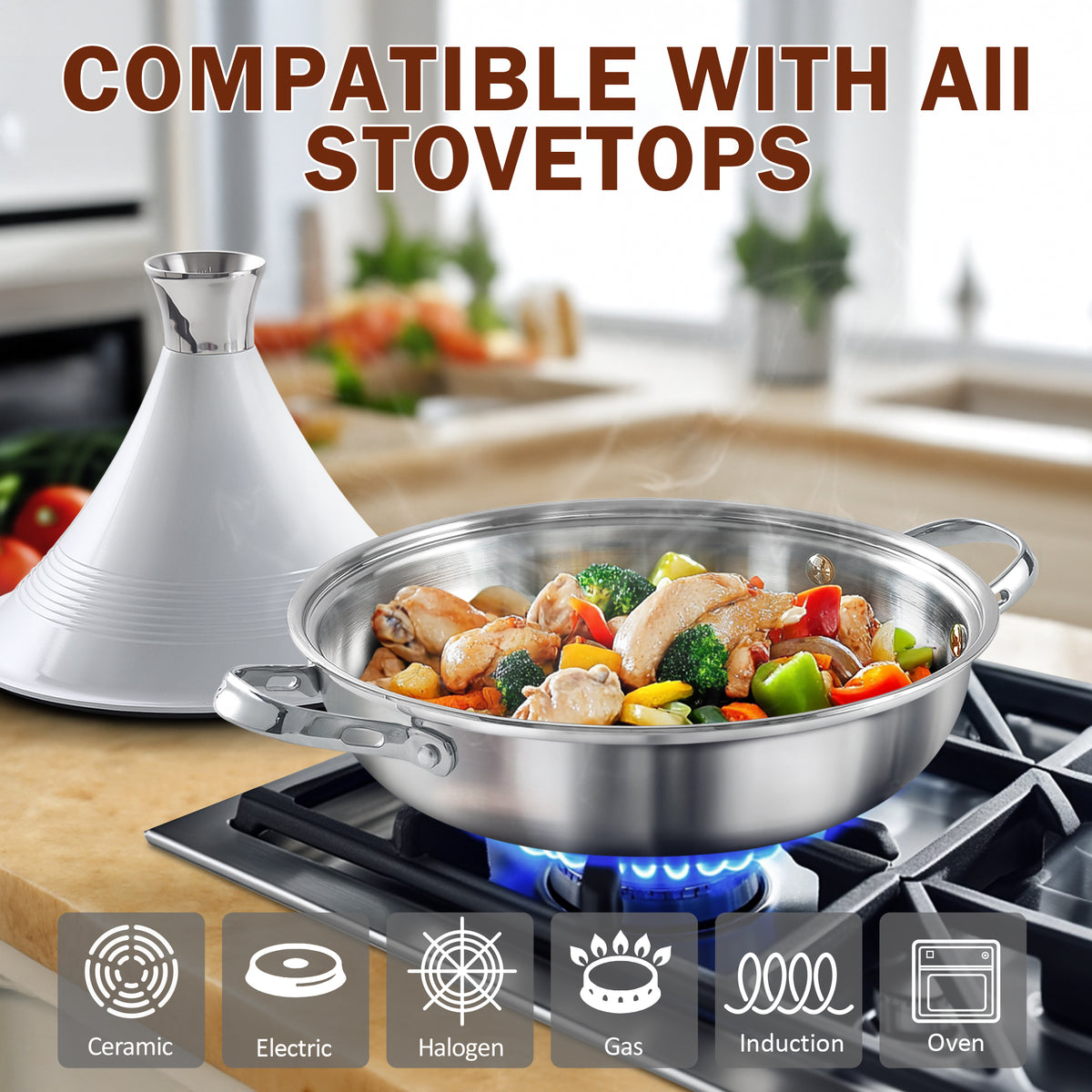 D&M Tagine Pot, 11 Inch 3.6 Quart Moroccan Clay Tagine Pot Alternative, Multi-Ply Clad Stainless Steel, Traditional Cooking Pot with Die-Cast Aluminum White Conical Lid and Stainless Steel Knob