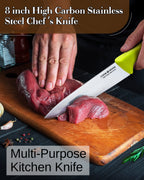 Cook N Home Chef's Knife Multi-Purpose 8-Inch, Straight Edge High Carbon German Stainless Steel Sharp Kitchen Knife, Ergonomic Handle, Green