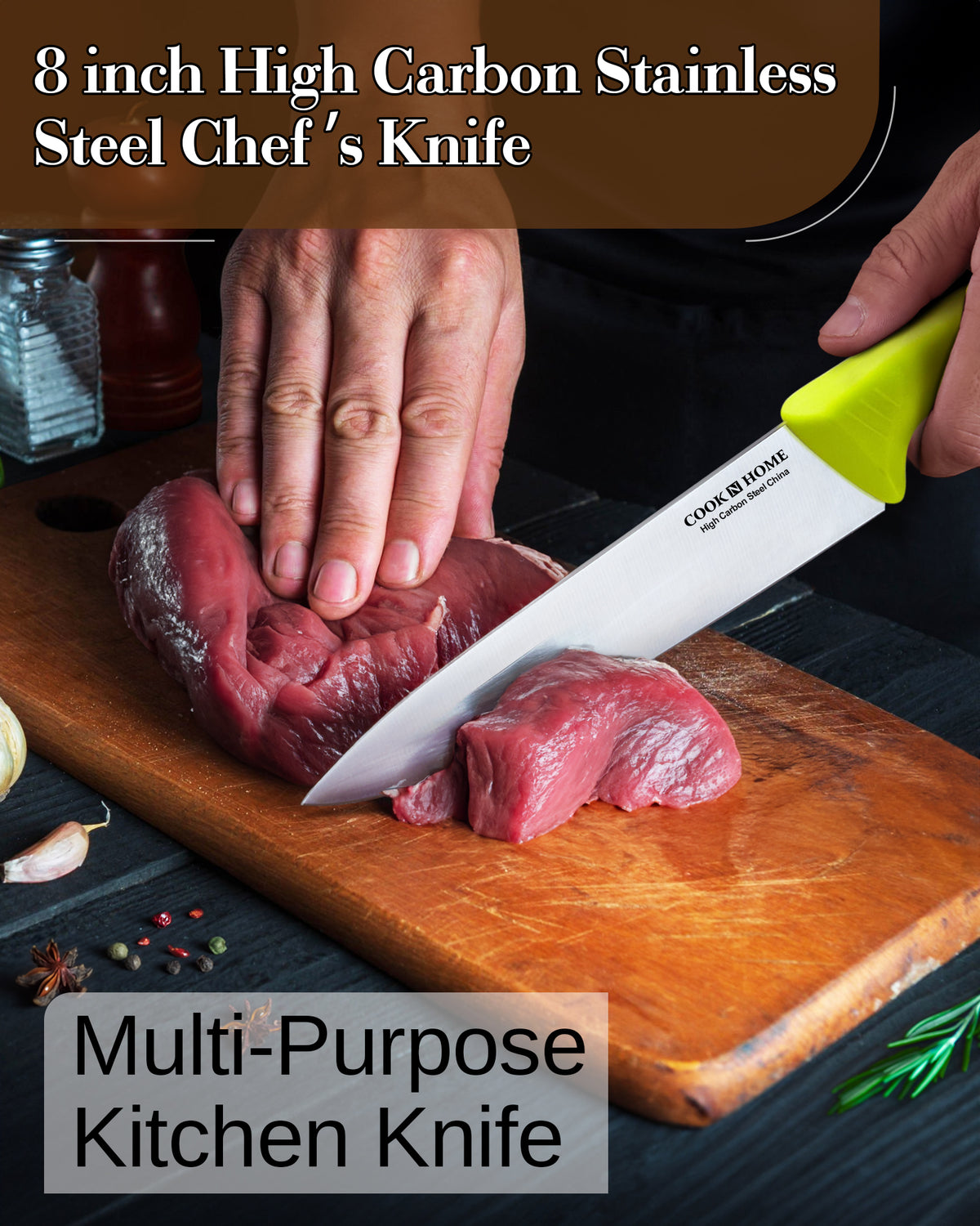 Cook N Home Chef's Knife Multi-Purpose 8-Inch, Straight Edge High Carbon German Stainless Steel Sharp Kitchen Knife, Ergonomic Handle, Green