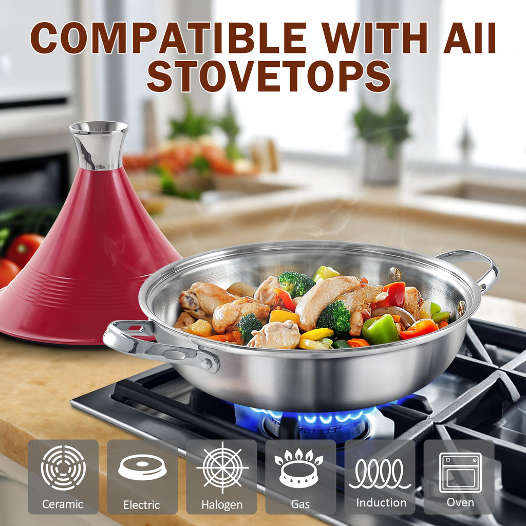 D&M Tagine Pot, 11 Inch 3.6 Quart Moroccan Clay Tagine Pot Alternative, Multi-Ply Clad Stainless Steel, Traditional Cooking Pot with Die-Cast Aluminum Red Conical Lid and Stainless Steel Knob