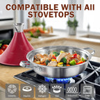 D&M Tagine Pot, 11 Inch 3.6 Quart Moroccan Clay Tagine Pot Alternative, Multi-Ply Clad Stainless Steel, Traditional Cooking Pot with Die-Cast Aluminum Red Conical Lid and Stainless Steel Knob