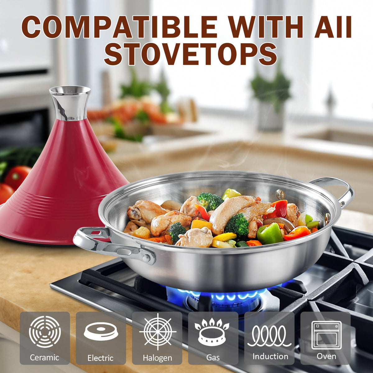 D&M Tagine Pot, 11 Inch 3.6 Quart Moroccan Clay Tagine Pot Alternative, Multi-Ply Clad Stainless Steel, Traditional Cooking Pot with Die-Cast Aluminum Red Conical Lid and Stainless Steel Knob