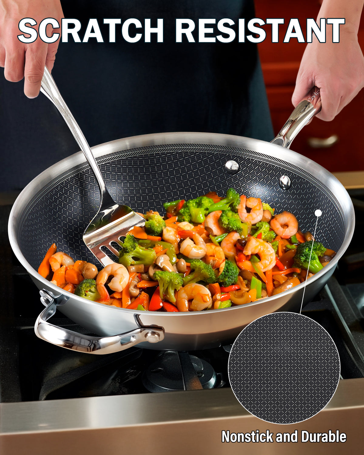 Cooks Standard 12-Inch Hybrid Nonstick Stainless Steel Wok