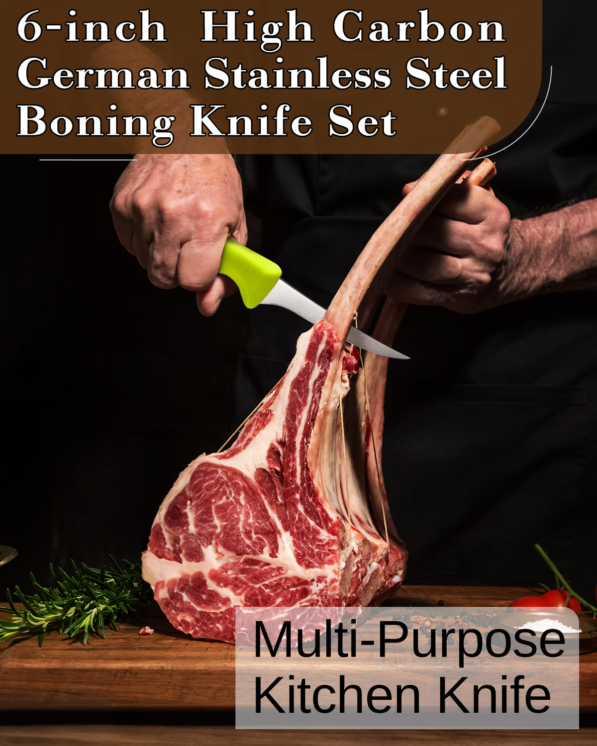 Cook N Home Boning Knife Set 2-Piece, 6-inch High Carbon German Stainless Steel Flexible Curved and Straight Stiff Boning Kitchen Knives, Ergonomic Handle, Green
