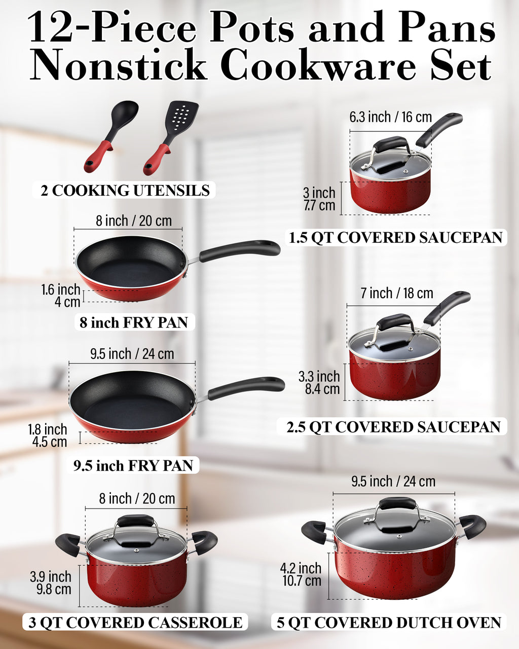 Cook N Home 12-Piece Nonstick Cookware Set, Pots and Pans, Induction Compatible, Marble Red