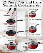 Cook N Home 12-Piece Nonstick Cookware Set, Pots and Pans, Induction Compatible, Marble Red