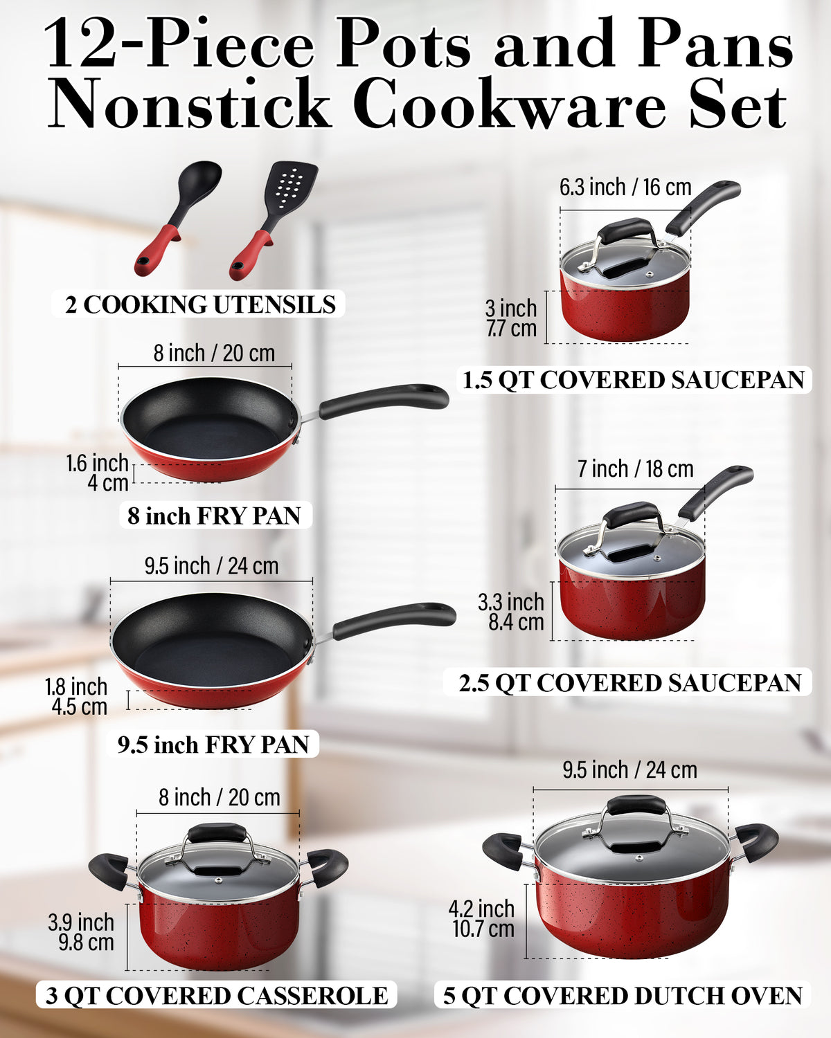 Cook N Home 12-Piece Nonstick Cookware Set, Pots and Pans, Induction Compatible, Marble Red