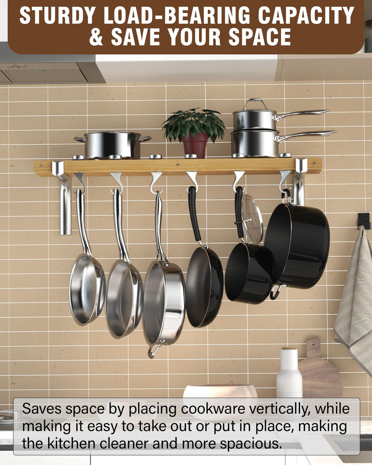 Cooks Standard 36-Inch Wall Mounted Wooden Pot Rack with 6 Solid Cast Aluminum Swivel Hooks, Movable Tracks Type Pan Rack Suitable for Heavy Duty Pots and Pans