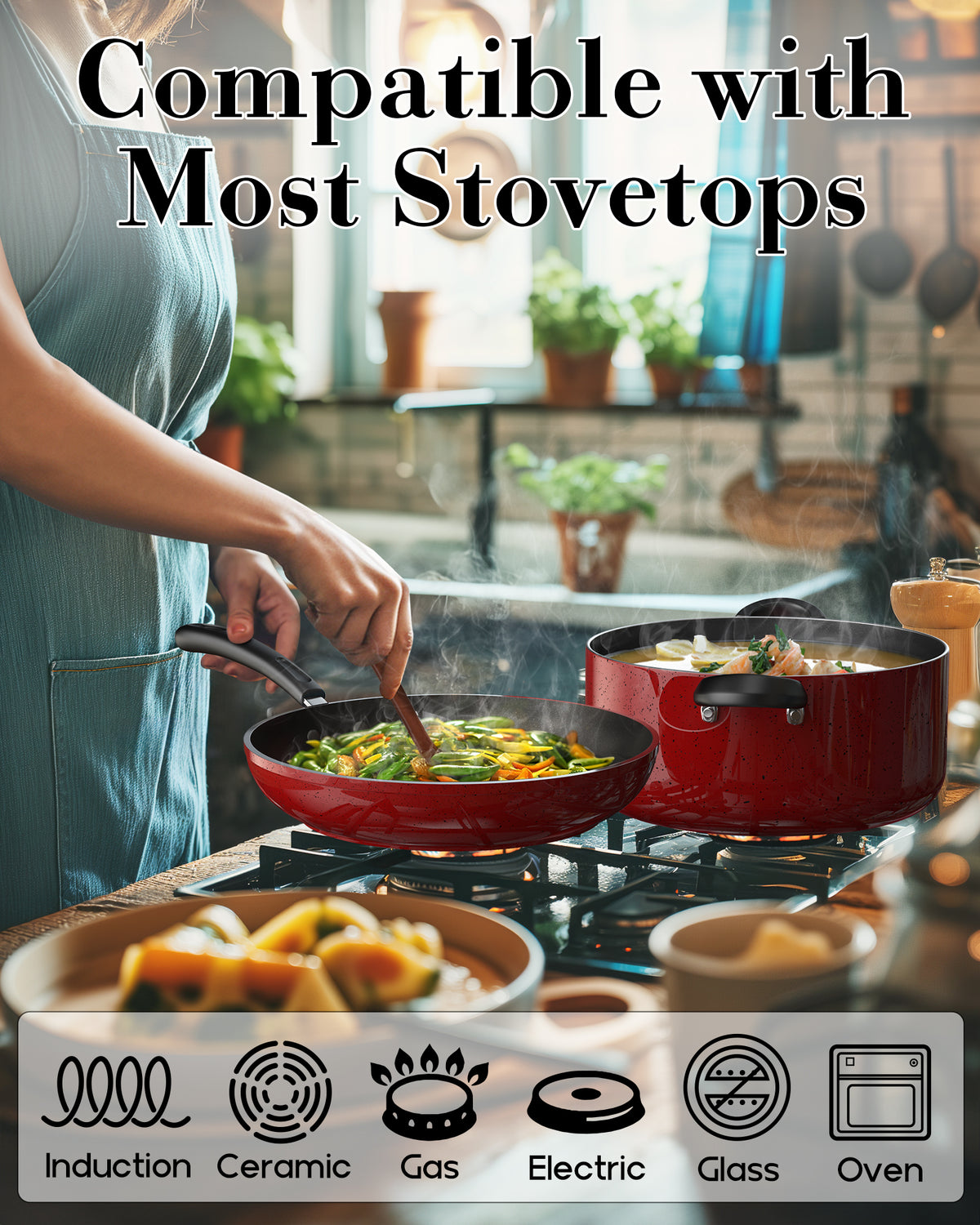 Cook N Home 12-Piece Nonstick Cookware Set, Pots and Pans, Induction Compatible, Marble Red